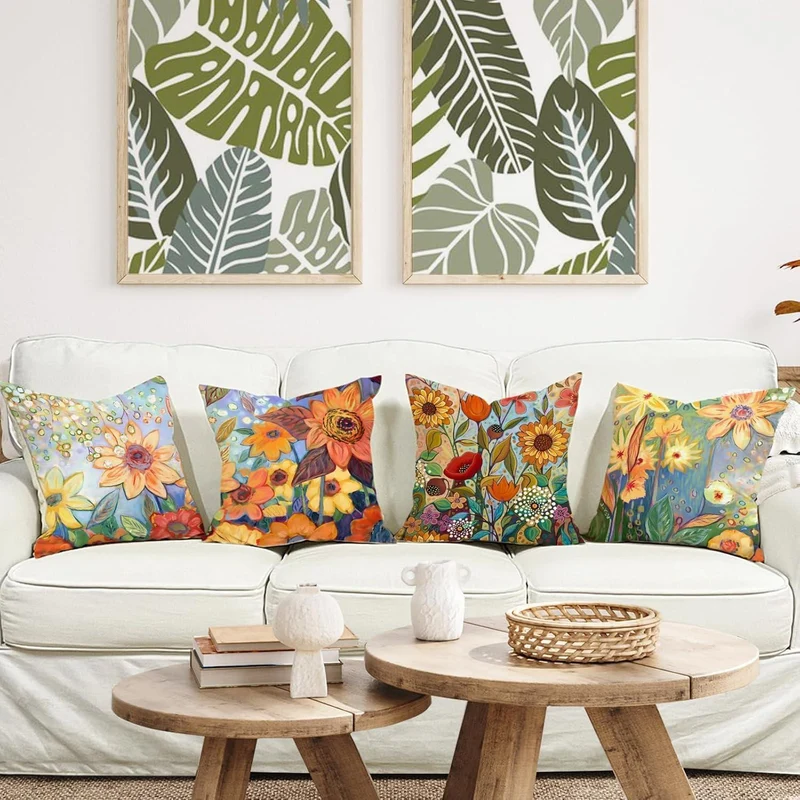 Blumen Kissenbezug 50x50 cm - 4er Set Leinen Outdoor