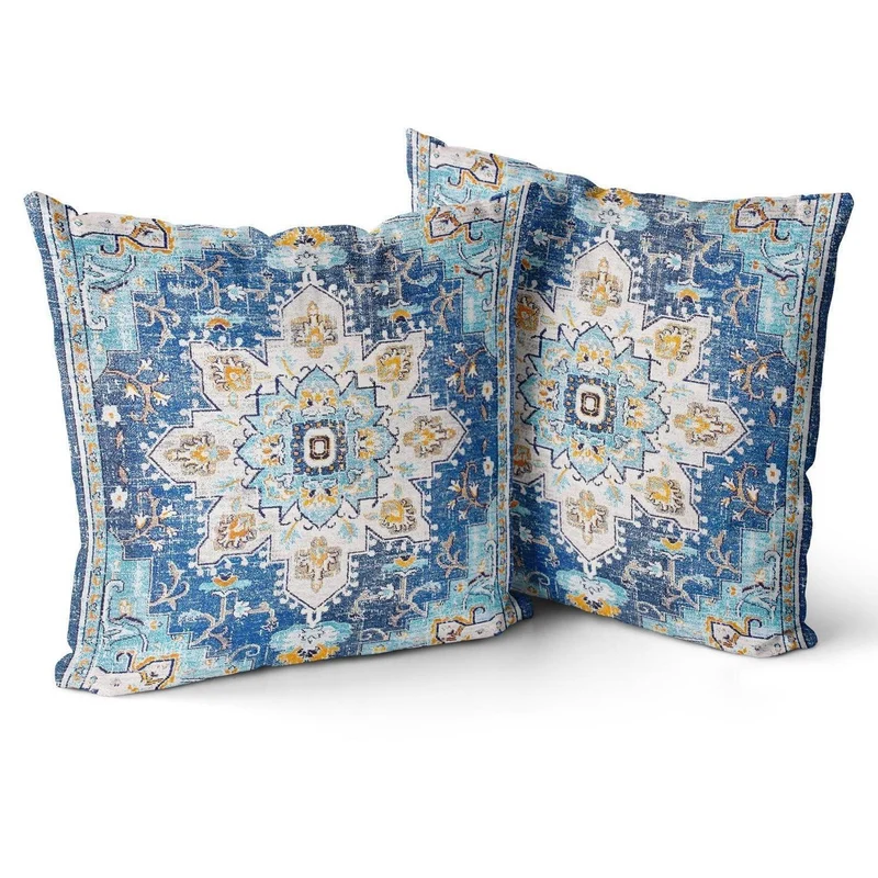Boho Kissenbezüge 2er Set Samt 55x55 Blau Ethno Retro