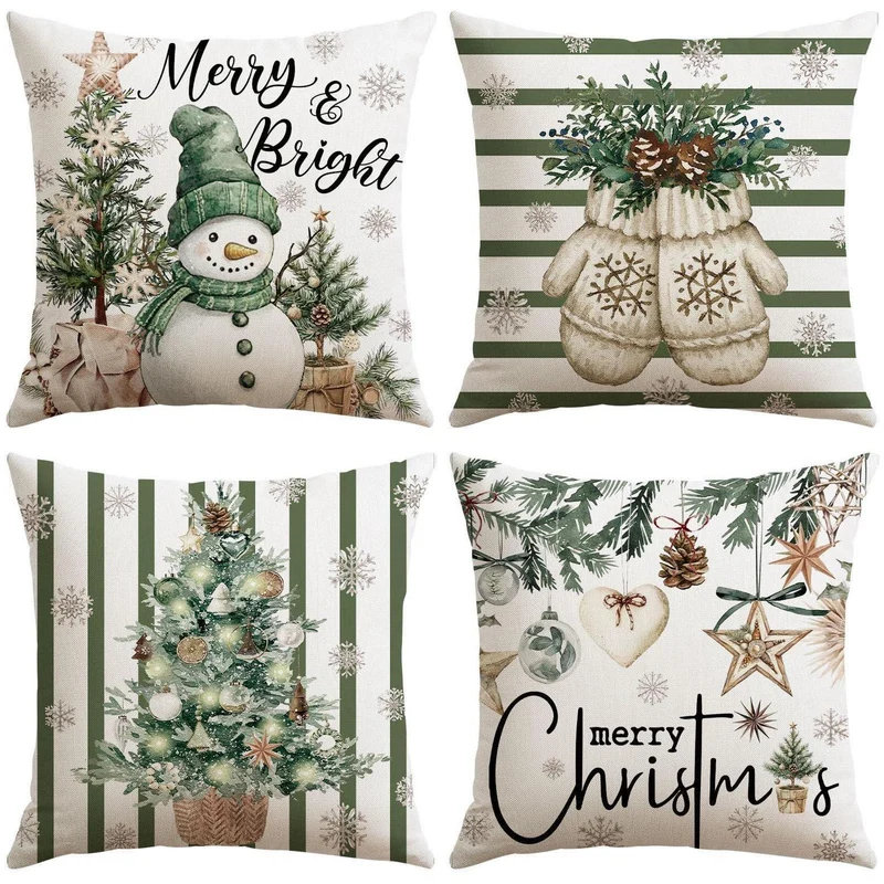 Weihnachtliche Kissenbezüge 4er Set, 45x45 cm, Schneemann Grün