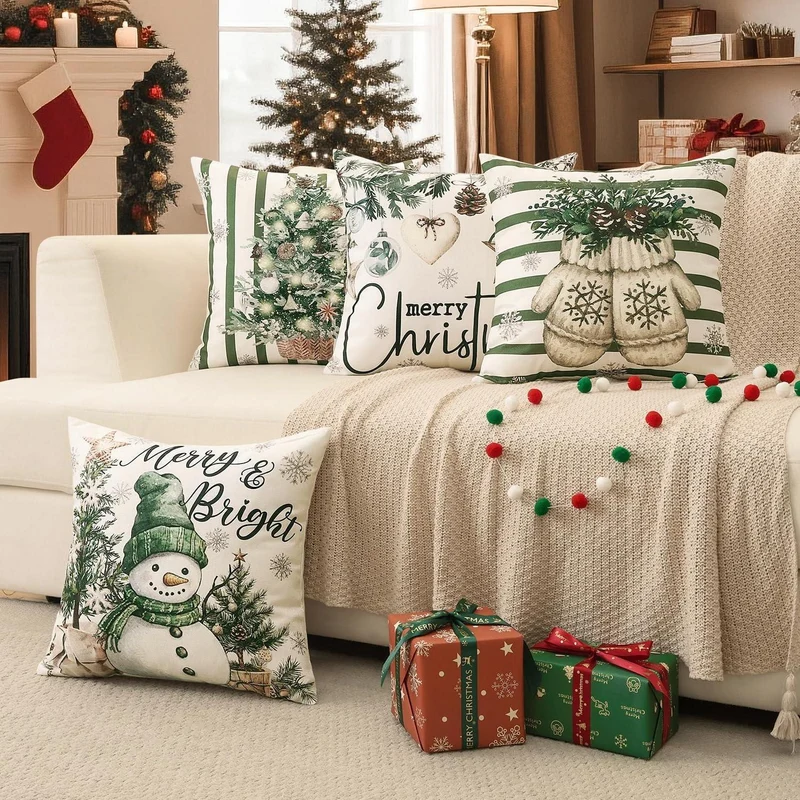 Weihnachtliche Kissenbezüge 4er Set, 45x45 cm, Schneemann Grün