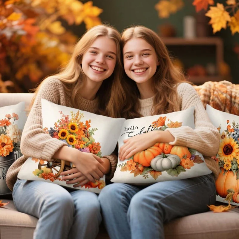 4er-Set Herbst Kissenbezüge 40x40 cm - Ahornblatt Dekor