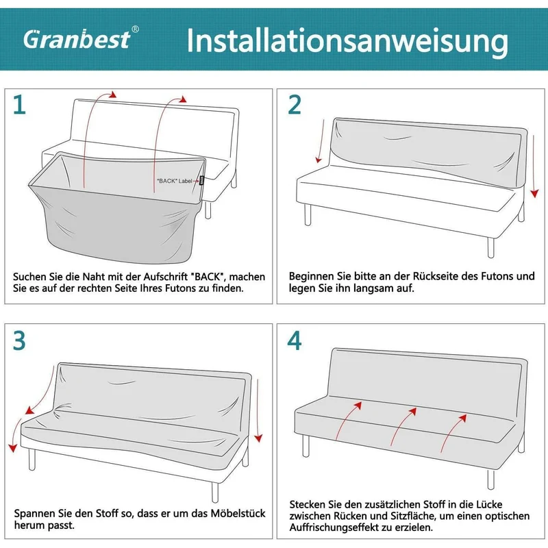 Wasserdichte Futon Abdeckung ohne Armlehnen – Stretch Sofabezug Schwarz