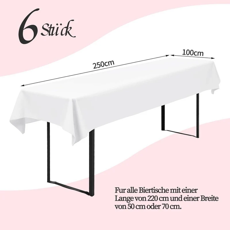 6x Biertischdecke Weiß, 250x100cm, Wasserabweisend & Waschbar